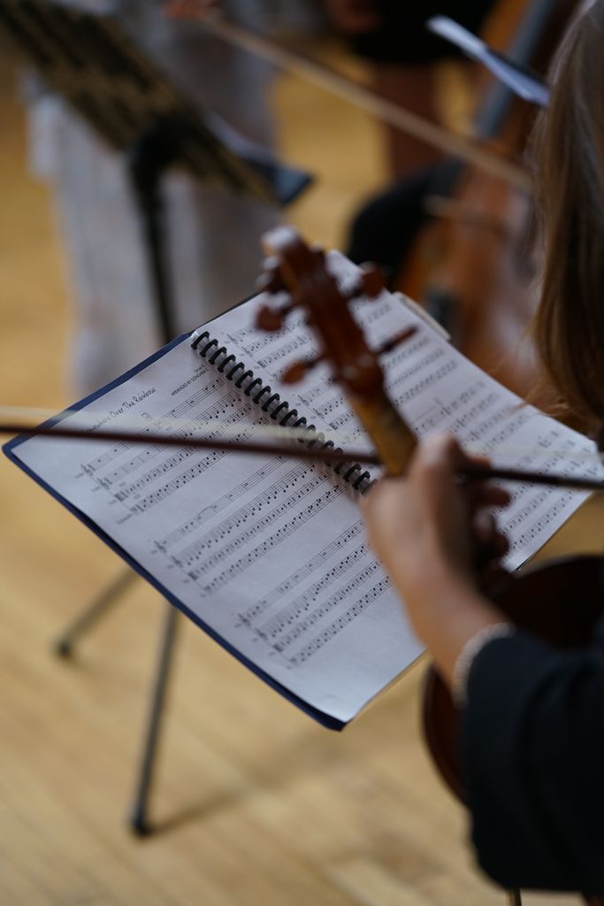 Close-up of a violinist playing during a concert in Chicago, featuring detailed sheet music.