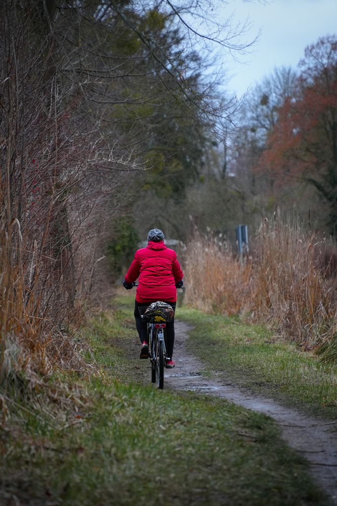 Person cycling on a winter trail surrounded by nature, wearing winter gear for warmth.